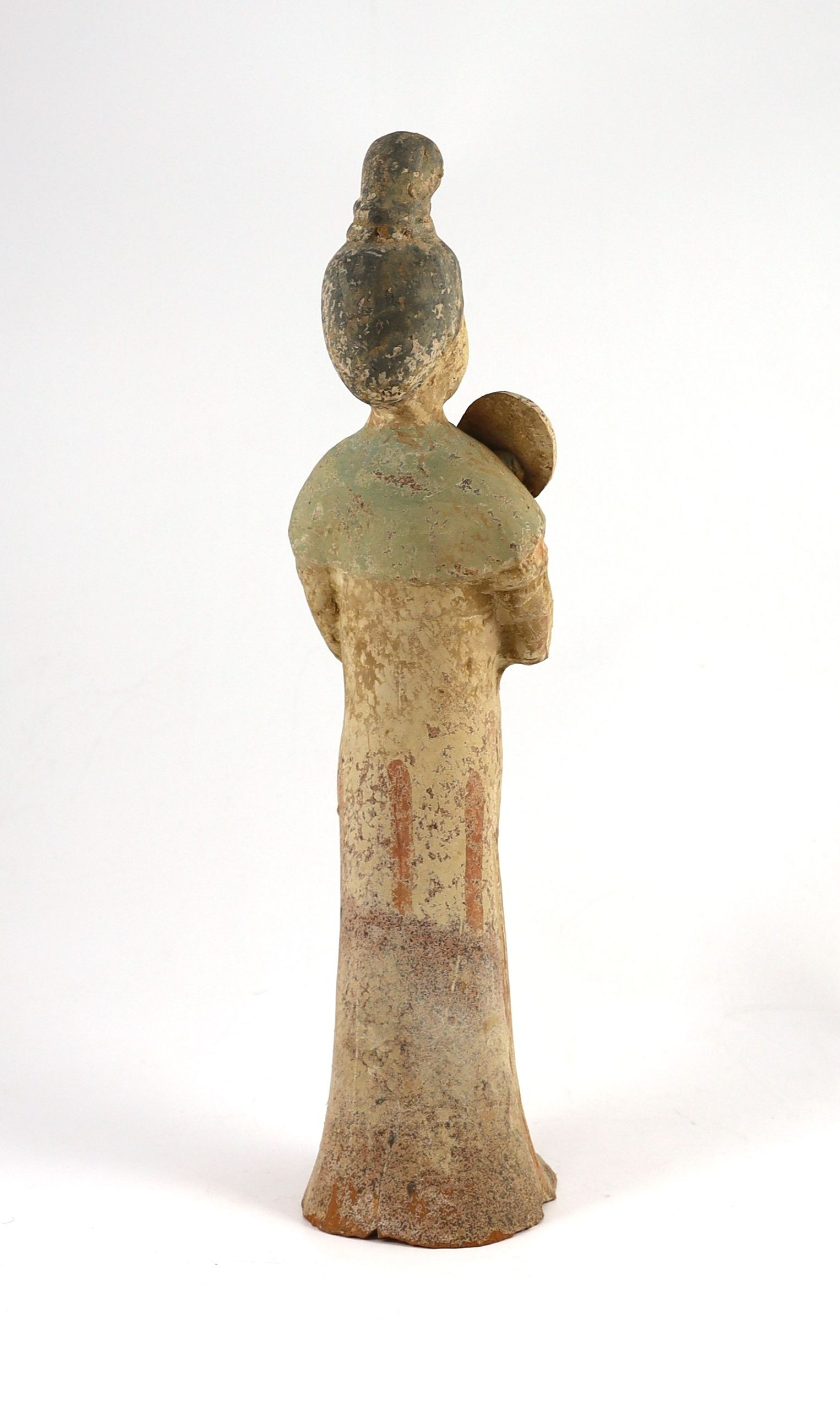 A Chinese painted pottery figure of a courtier, Tang dynasty, 41.5cm high